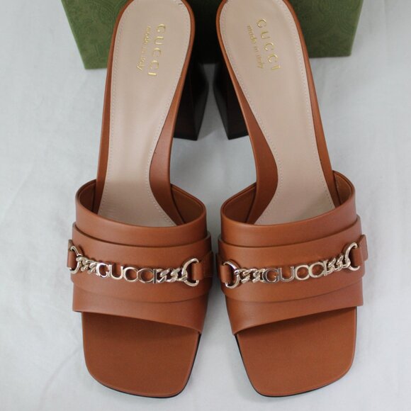 NWB Gucci Logo Hardware Harness Brown Chunk Heel Sandals Mules 786595 - Picture 2 of 8